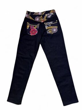 Vintage 90s Black Jeans with Gold, Red, Blue Printed Accents